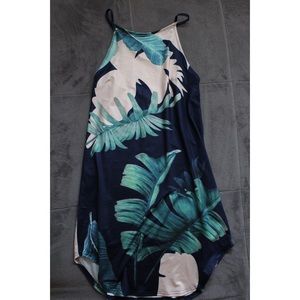 Navy blue dress with green/white feathers